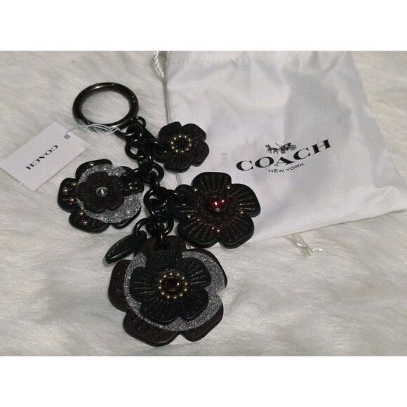 Coach 17451 Tea Rose Motifs Mix Bag Charm Key Ring Pewter Black Jeweled Fob Nwt - Picture 1 of 5